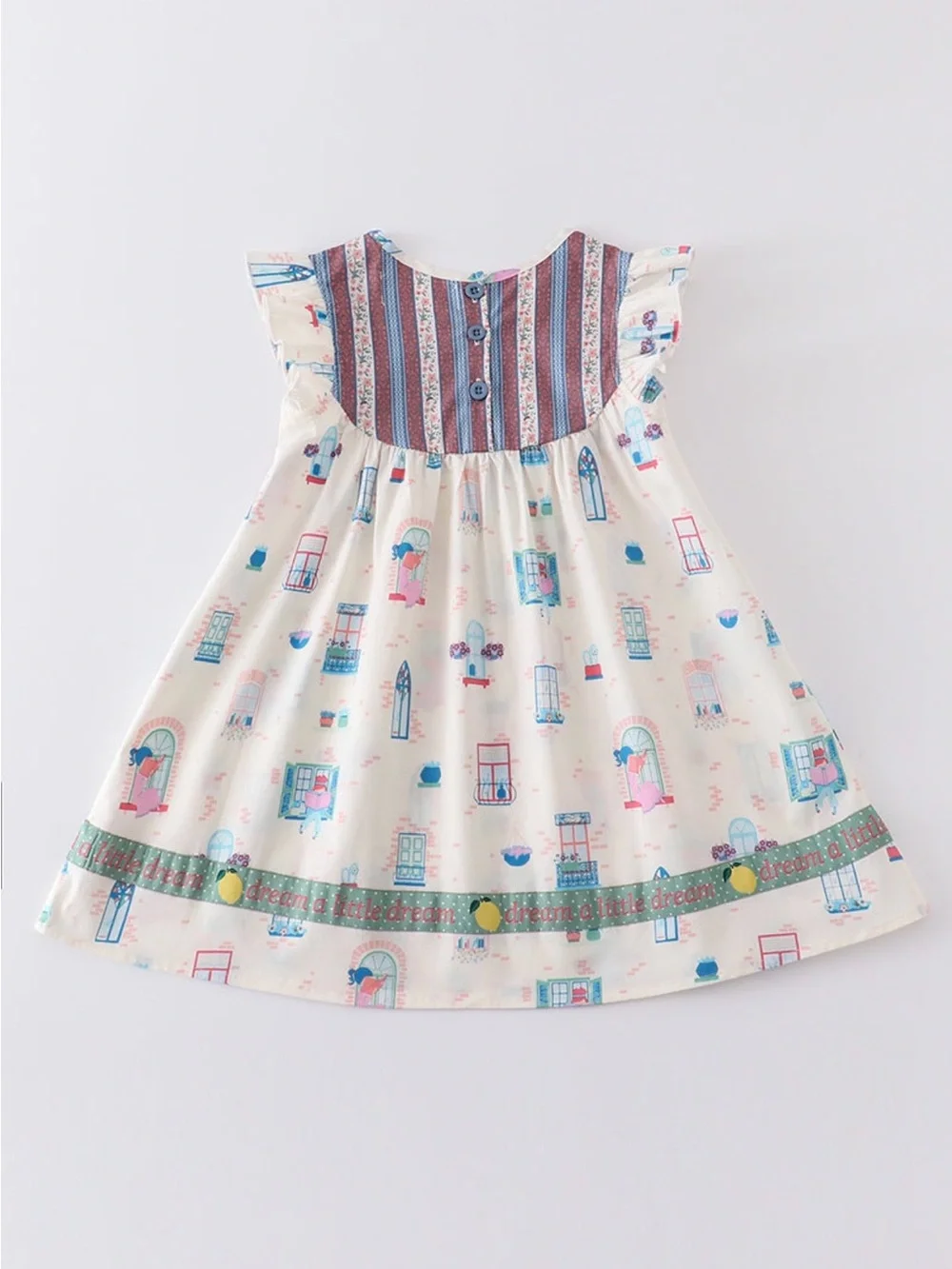 NWT Cream Print Ruffle-Yoke Kids Dress with Green Trim
